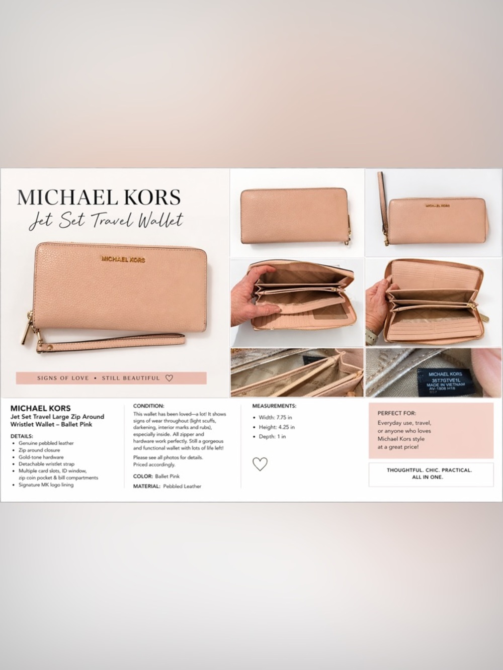 Michael Kors Ballet Pink Pebbled Leather Zip Wallet with Gold Logo